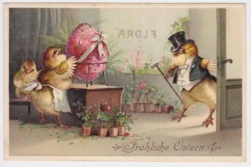 59438 Präge AK Fröhliche Ostern Küken mit Stock und Zylinder im Blumenladen 1916