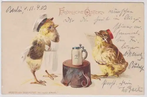 63481 Präge AK Fröhliche Ostern 2 Küken mit Bierkrug Münchner Hofbräu 1903