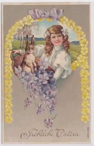 55832 Präge AK Fröhliche Ostern Mädchen mit Hasen und Blumen im Korb 1911