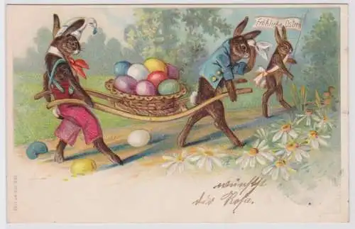 69422 Präge AK Fröhliche Ostern 2 Hasen Tragen Eierkorb auf Tragbarre 1903