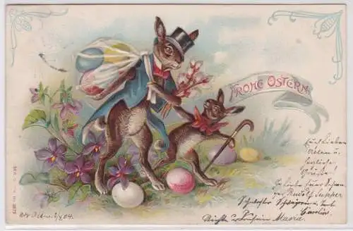 59744 Präge AK Fröhliche Ostern Osterhase trägt Sack mit Ostereiern 1904