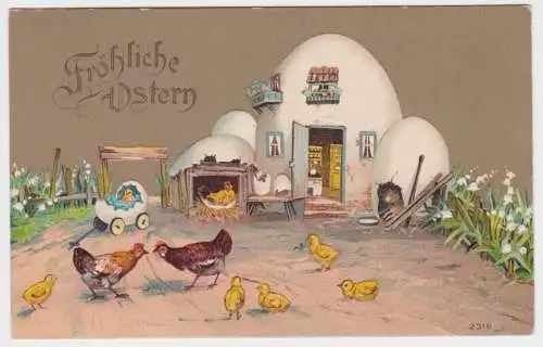 901979 Präge AK Fröhliche Ostern Hühnerfamilie vor Bauernhof aus Ostereiern 1910