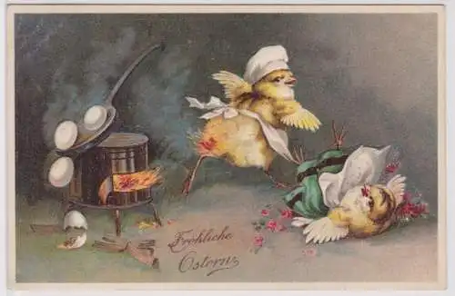 901455 AK Fröhliche Ostern Kükenfamilie in Küche mit Problemen am Herd 1910