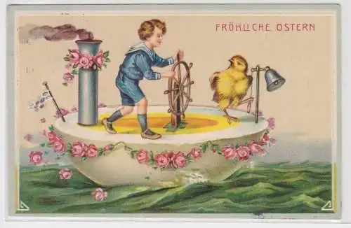 901095 Präge AK Fröhliche Ostern Junge und Küken steuern Ostereidampfer 1912