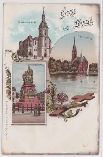 99160 Lithographie Ak Gruss aus Leipzig - Johanniskirche, Lutherkirche, Denkmal