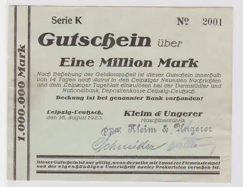 1 Mill. Mark Banknote Leipzig Leutzsch Maschinenfabrik Kleim & Ungerer (122627)