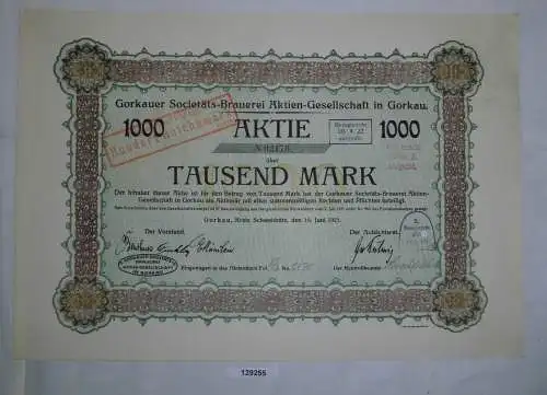 1000 Mark Aktie Gorkauer Societäts-Brauerei AG Gorkau 16. Juni 1921 (129255)