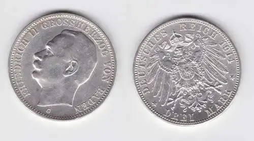 3 Mark Silbermünze Baden Großherzog Friedrich II 1914 Jäger 39 f.vz (151399)