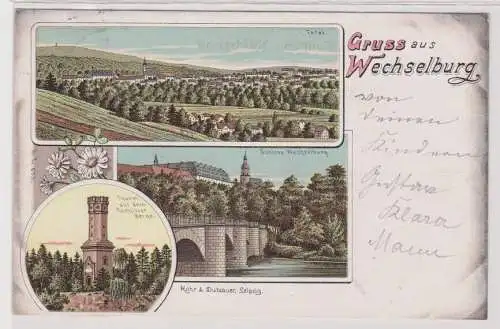 93255 AK Gruss aus Wechselburg - Total, Schloss, Thurm auf dem Rochlitzer Berge