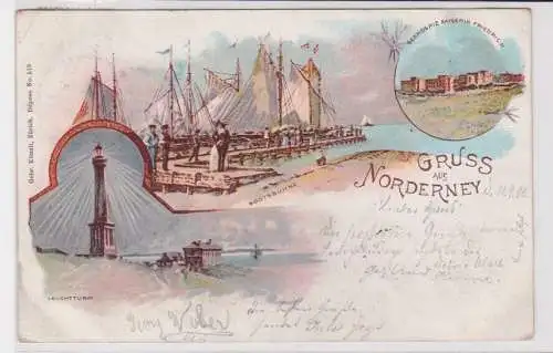 902157 Lithographie Ak Gruss aus Norderney - Leuchtturm, Bootsbühne, Hospiz 1898