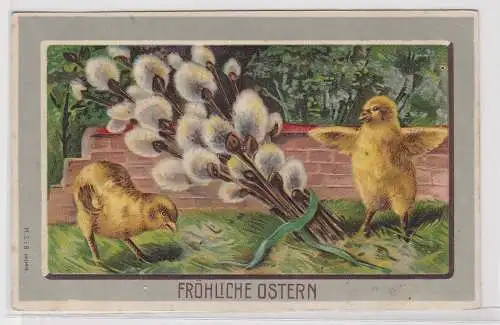 76851 Präge AK Fröhliche Ostern 2 Kücken mit Weidenkätzchenzweigen 1910