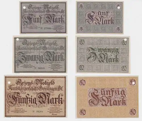 5, 20 und 50 Mark Banknoten Kriegsgeld Amtskörperschaft Geislingen 1918 (135584)