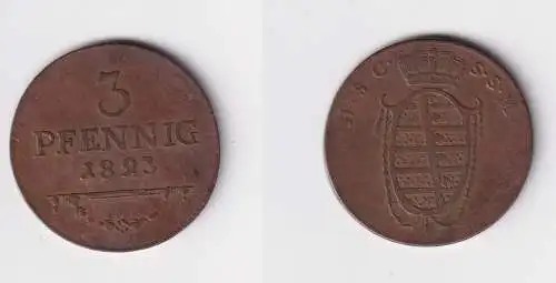 3 Pfennig Kupfer Münze Sachsen Coburg Saalfeld 1823 ss+ (143029)