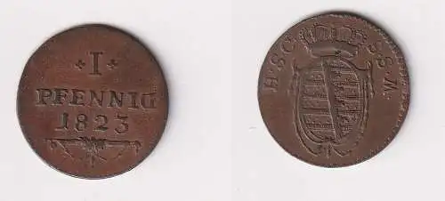 1 Pfennig Kupfer Münze Sachsen Coburg Saalfeld 1823 ss+ (130092)