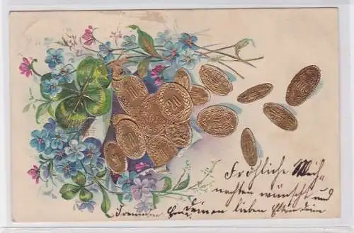 89735 Glückwunsch AK vierblättriges Kleeblatt, Blüten & goldene Pfennige 1905