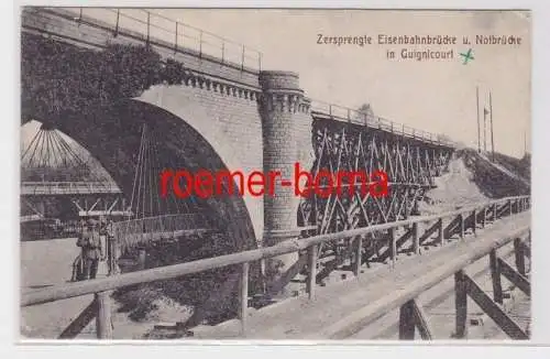 81909 Ak Zersprengte Eisenbahnbrücke und Notbrücke in Guignicourt um 1915