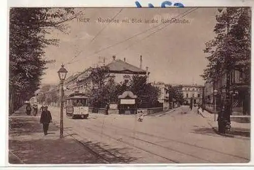 53780 Ak Trier Nordallee mit Blick in die Göbenstrasse mit Strassenbahn 1918