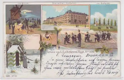 60804 AK Gruss vom 1. Leib-Grendadier Regiment No. 100, Dresden Kaserne 1898