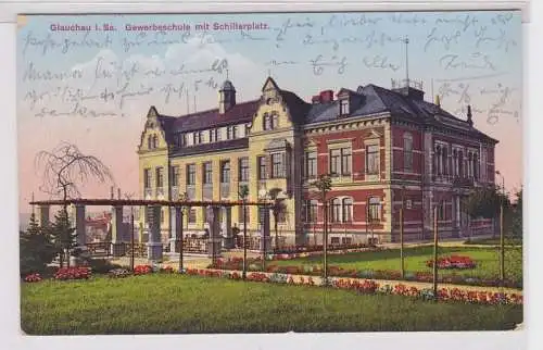 46861 AK Glauchau in Sachsen - Gewerbeschule mit Schillerplatz 1929