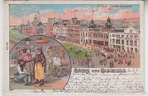 64240 Ak Lithografie Gruss aus Hamburg St. Pauli Spielbudenplatz 1905