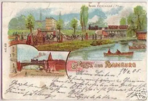 15582 Litho Gruss aus Hamburg Neue Bahnbrücke 1905