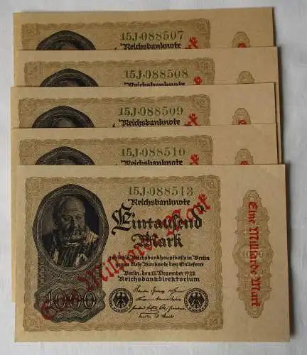 5 x 1 Milliarde Mark 15.12.1922 mit fortlaufender Nummer UNC (144597)