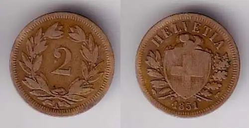 2 Rappen Kupfer Münze Schweiz 1851 A