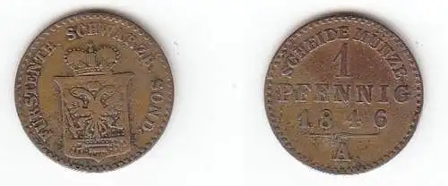 1 Pfennig Kupfer Münze Schwarzburg Sondershausen 1846 A f. ss