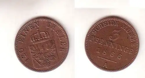 3 Pfennige Kupfer Münze Preussen 1866 A ss