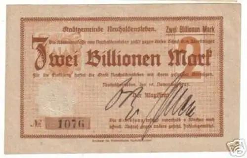 2 BillionenMark Banknote Inflation Neuhaldensleben 1923