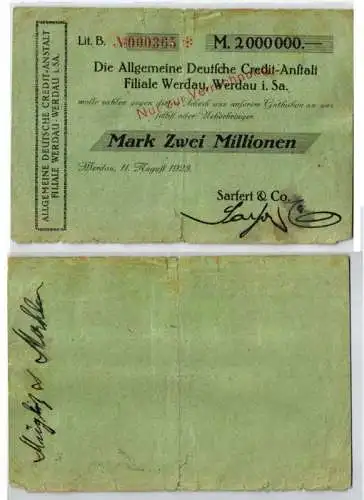 2 Millionen Mark Banknote Inflation ADCA Werdau 11.08.1923 (123498)