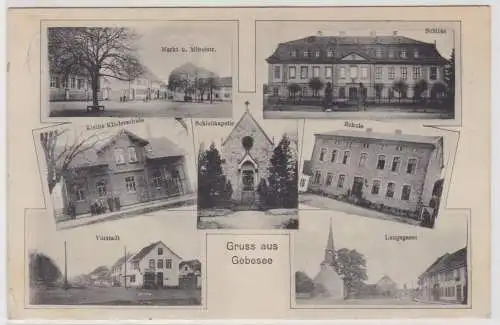 99607 AK Gruss aus Gebesee  Schule, Schloss, Kinderschule, Markt, Straßenansicht