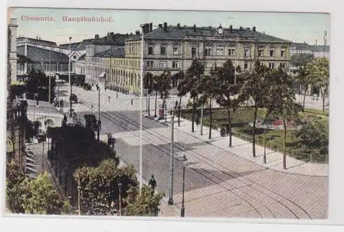 900787 AK Chemnitz - Hauptbahnhof, Straßenansicht mit Kutschen und Park 1910