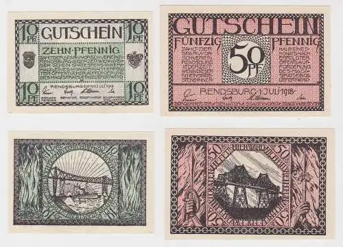 10 & 50 Pfennig Banknoten Notgeld Stadt Rendsburg 1.Juli 1918 (132953)