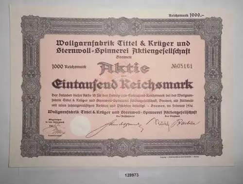 1000 RM Aktie Wollgarnfabrik Tittel & Krüger & Sternwoll-Spinnerei AG (128973)