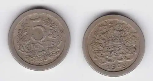 5 Cent Kupfer Nickel Münze Niederlande 1909 ss+ (138281)