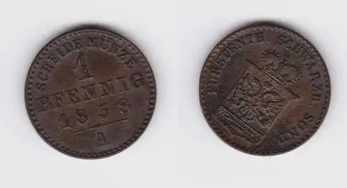 1 Pfennig Kupfer Münze Schwarzburg-Sondershausen 1858 A ss+ (151031)