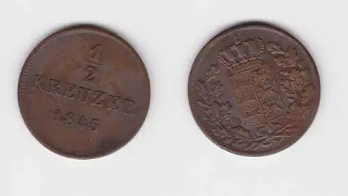 1/2 Kreuzer Kupfer Münze Württemberg 1845 ss+ (150867)