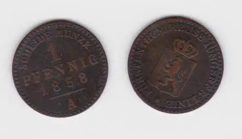 1 Pfennig Kupfer Münze Reuss-Schleiz Jüngere Linie 1858 A ss (151221)