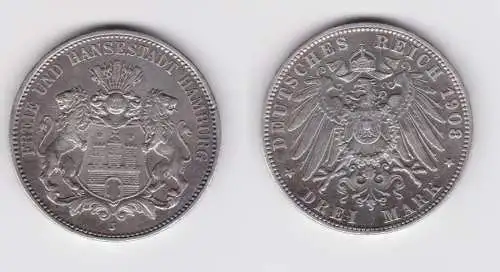 3 Mark Silbermünze Freie und Hansestadt Hamburg 1908 Jäger 64 ss+ (151028)