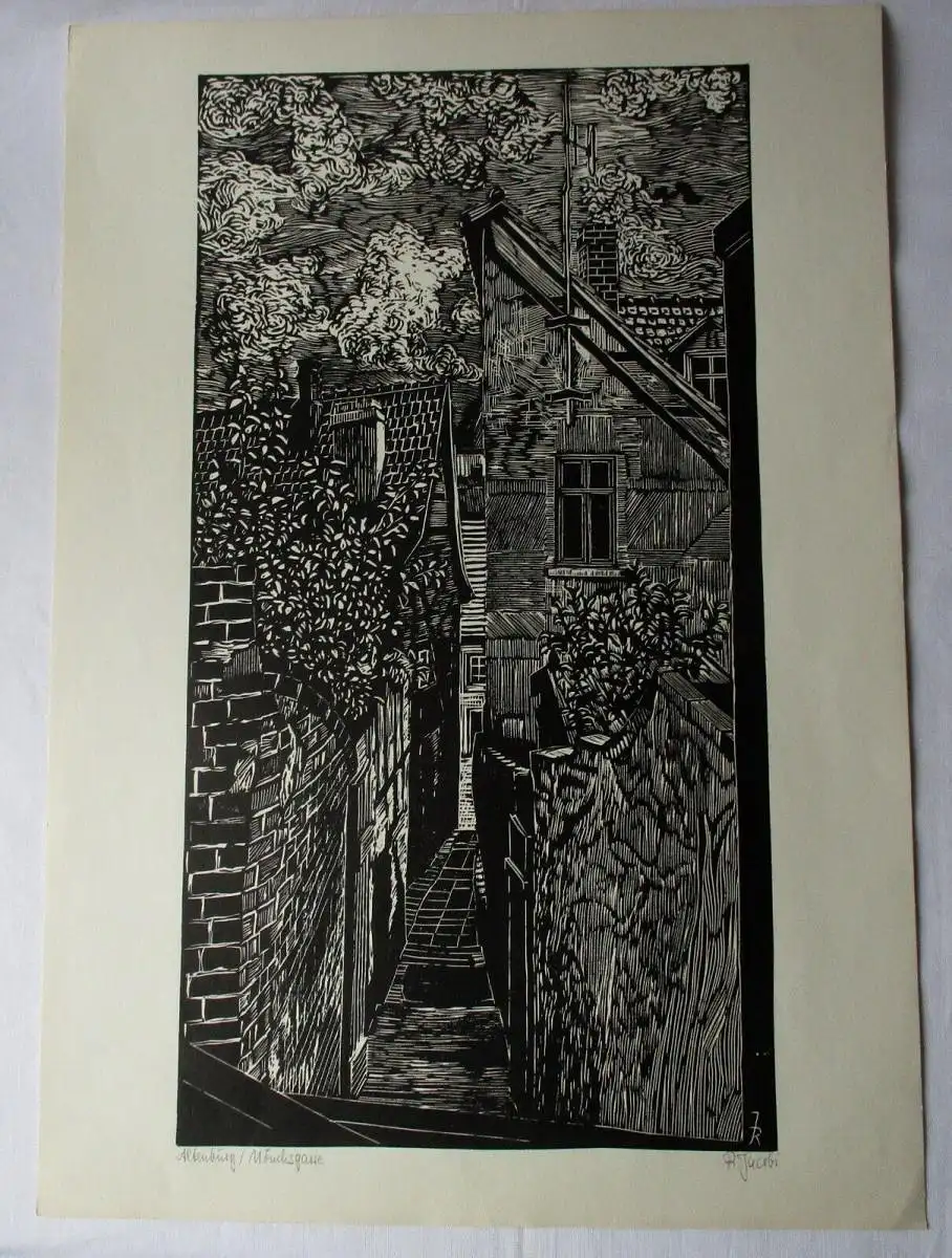 Linolschnitt Künstler R. Jacobi Altenburg Mönchsgasse 50,5 x 35 (156902) 0