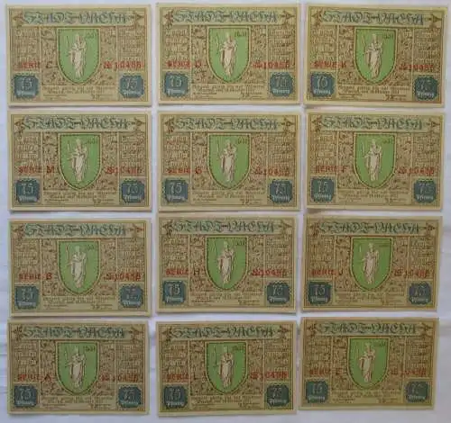 12 x 75 Pfennig Banknoten Notgeld Stadt Vacha 18.10.1921 (107764)