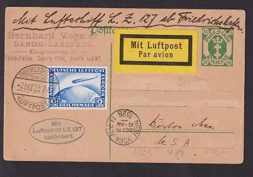 13271 seltener Zeppelin Karte von Danzig Langefuhr nach New York 1928