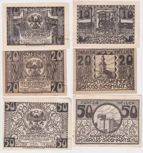 10, 20 und 50 Heller Banknoten Notgeld Gemeinde Gross Siegharts 1920 (156725)