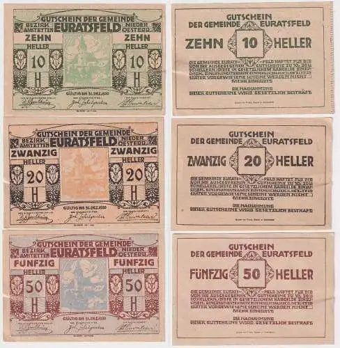 10, 20 und 50 Heller Banknoten Notgeld Gemeinde Euratsfeld 1920 (154868)