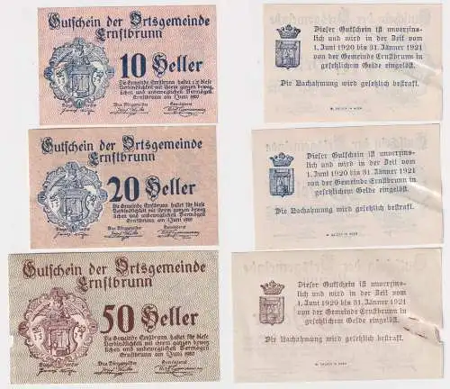 10, 20 und 50 Heller Banknoten Notgeld Gemeinde Ernstbrunn 1920 (158335)