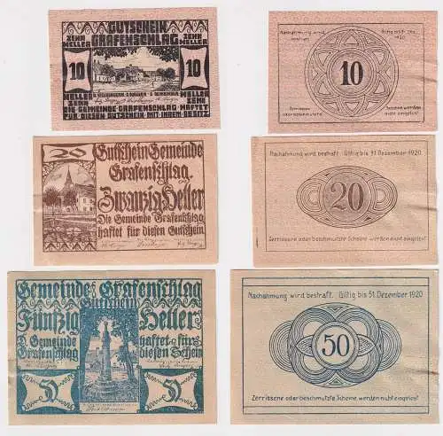 10, 20 und 50 Heller Banknoten Notgeld Gemeinde Grafenschlag 1920 (156623)