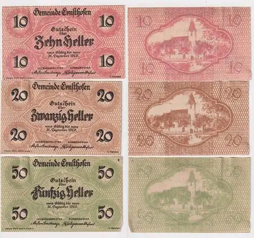 10, 20 und 50 Heller Banknoten Notgeld Gemeinde Ernsthofen 1920 (158090)