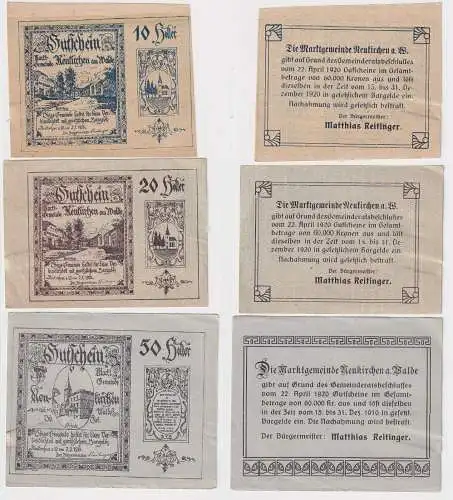 10, 20 und 50 Heller Banknoten Notgeld Gemeinde Neukirchen a.Walde 1920 (150546)