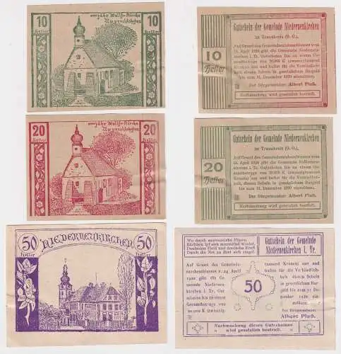 10, 20 und 50 Heller Banknoten Notgeld Gemeinde Niederneukirchen 1920 (168463)